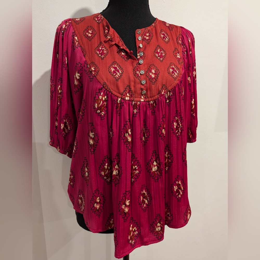 Anthropologie Balloon Sleeve Printed Flowy Silky Blouse Size Small